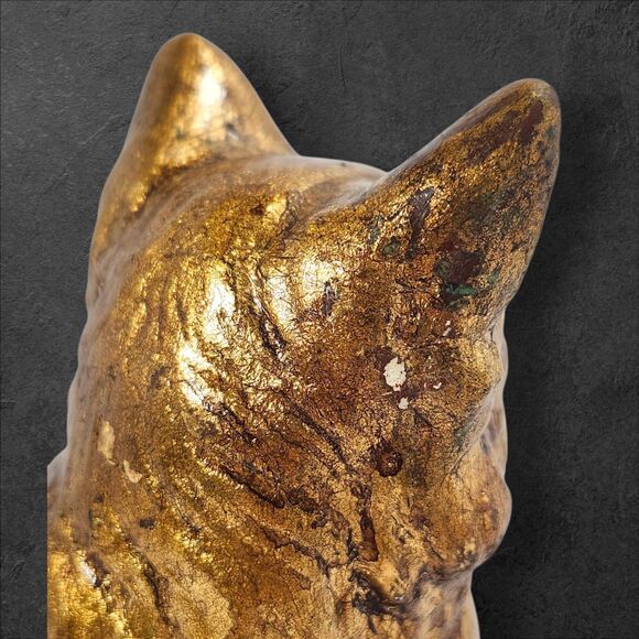 Vintage Red Mill Gold Resin Cat Figurine 5¼″ Green Sequin Eyes Handcrafted USA - Picture 5 of 9